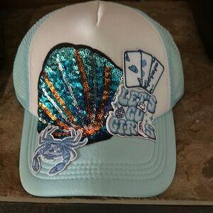 Blue and White Trucker Hat with Sequin Shell and Patches